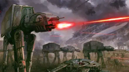 HD PC desktop wallpaper: movie Star Wars AT-AT walkers advance across a smoky battlefield as red laser beams streak through a stormy sky in a sci-fi battle.