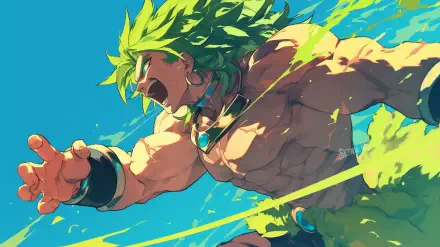 Anime HD PC desktop wallpaper of Broly (Dragon Ball) from Dragon Ball Super: Broly — green Super Saiyan Broly roaring and charging forward amid vivid streaks of energy.