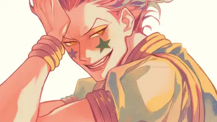 HD PC desktop wallpaper of Hisoka from Hunter x Hunter: pink-haired, smirking with star face paint, golden eyes and bracelets, rendered in warm pastel tones.