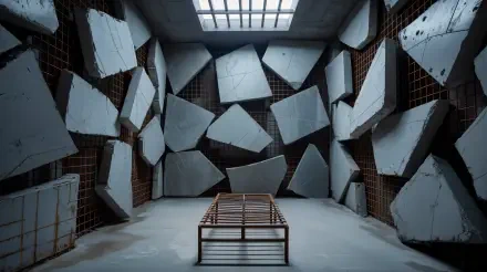 4K Ultra HD PC desktop wallpaper/background: stark jail cell with single metal bed frame, fragmented geometric concrete slabs on walls and a barred skylight overhead.