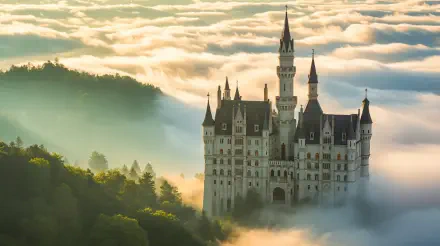 Fairytale castle rising from morning mist above a sunlit forest, dramatic spires and rolling clouds — 4K Ultra HD PC Desktop Wallpaper and Background.