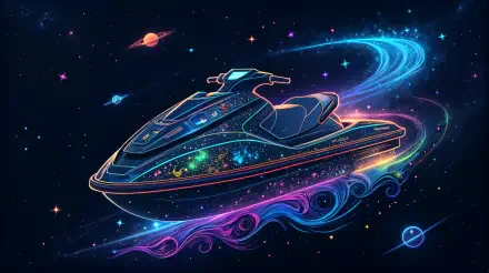 4K Ultra HD PC desktop wallpaper: neon cosmic jet ski cruising through stars and planets, trailing colorful galactic waves against a dark space background.