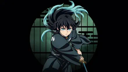 4K Ultra HD PC desktop wallpaper and background featuring Demon Slayer: Kimetsu no Yaiba swordsman with dark, wind-tossed hair and icy blue eyes, poised with a drawn katana before a circular shoji screen.