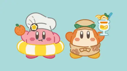 HD PC desktop wallpaper background: Kirby in a chef hat with a lifebuoy and orange, alongside a Kirby Cafe server holding a parfait on a light teal backdrop.