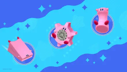 HD PC desktop wallpaper: Kirby from Kirby and The Forgotten Land in three pink transformations (block, coin-bearing, and upright) on a bright blue starry background.