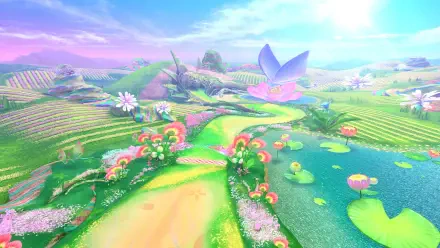 Kirby Air Riders HD PC desktop wallpaper featuring pastel rolling fields, floating flower islands, winding paths and a bright, dreamy sky in a whimsical fantasy landscape.