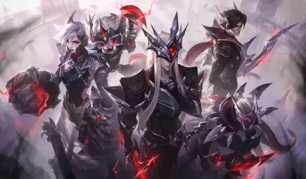 League of Legends HD desktop wallpaper: Yone, Vi, Gnar and Varus in dark, red-accented armor grouped together against a smoky, battle-worn backdrop.