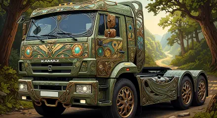 Ornate green Kamaz truck with Celtic-style engravings parked on a sunlit forest road — 4K Ultra HD PC desktop wallpaper and background.