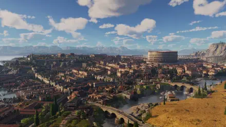 4K Ultra HD PC desktop wallpaper from the video game Anno 117: Pax Romana — sunlit panoramic Roman city with the Colosseum, winding river, stone bridges and distant hills under a blue sky.