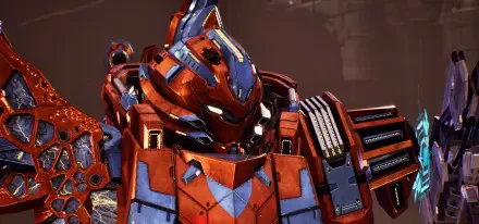 HD PC desktop wallpaper showing a red-and-blue Titanic Scion mecha close-up from the video game Daemon x Machina: Titanic Scion, detailed armored cockpit and shoulder plating.