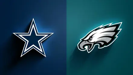 HD PC desktop wallpaper showing the Dallas Cowboys star on the left and Philadelphia Eagles logo on the right over a split blue-green football background.