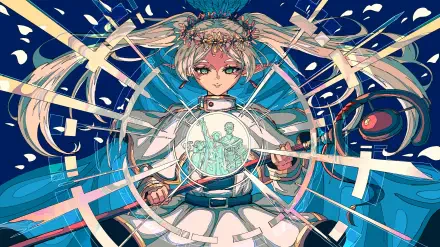 HD PC desktop wallpaper of Frieren from Frieren: Beyond Journey's End — anime portrait of braided-hair Frieren with a floral crown, holding a glowing orb amid blue, geometric magical sigils.