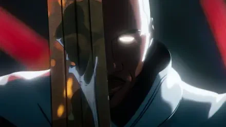 HD PC desktop wallpaper: shadowed, glowing-eyed figure from the Marvel Zombies TV show, close-up holding a blade with dramatic backlighting.