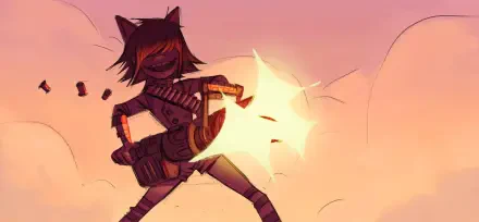 HD PC desktop wallpaper of a Gorillaz cartoon character with cat ears firing a roaring machine gun, musical energy and warm sunset tones.