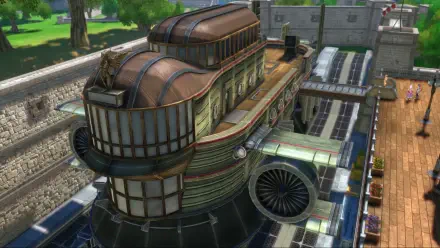 HD PC desktop wallpaper of the video game Trails in the Sky 1st Chapter: a detailed retro-futuristic airship/train docked above a sunlit city plaza with trees and platforms.