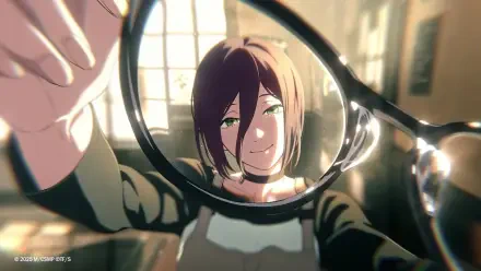 Anime HD PC desktop wallpaper and background: Reze (Chainsaw Man) smiling through a held lens, warm sunlight streaming through a window, soft bokeh and a cozy interior.