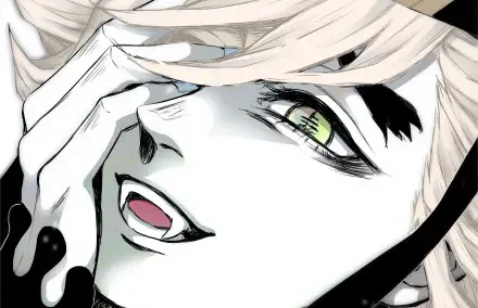 Close-up of Doma (Demon Slayer: Kimetsu no Yaiba) grinning with pale skin, light hair and green eyes, hand over his face — HD anime PC desktop wallpaper/background.