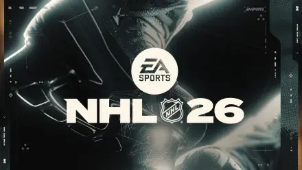 HD PC desktop wallpaper of the EA SPORTS NHL 26 logo over a dark close-up of hockey player gear, a video game promotional background.