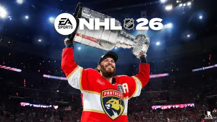 NHL 26 HD PC wallpaper: hockey player in Panthers jersey lifts the Stanley Cup in a packed arena, with EA Sports and NHL 26 logos overhead.