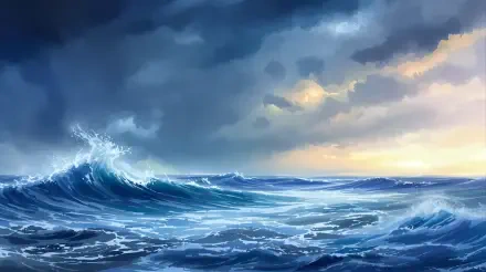 4K Ultra HD PC desktop wallpaper: turbulent ocean storm — towering blue waves, white foam and dramatic dark clouds pierced by pale sunset light.