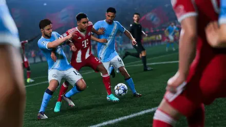EA Sports FC 26 video game 4K Ultra HD PC desktop wallpaper: realistic soccer scene of a red‑kit forward shielding the ball amid two sky‑blue defenders in a packed stadium.