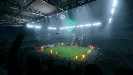 HD PC desktop wallpaper of a packed soccer stadium from EA Sports FC 26, floodlights and fireworks lighting the pitch during a dramatic opening ceremony.