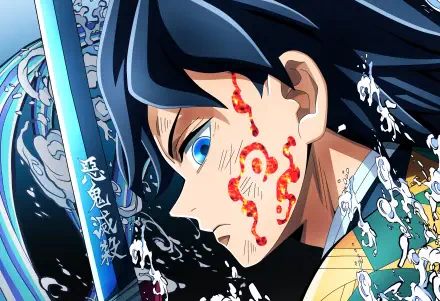 HD PC wallpaper: close-up of Giyuu Tomioka from Demon Slayer: Kimetsu no Yaiba — The Movie: Infinity Castle, profile with water-splashed sword and glowing red markings on his face.