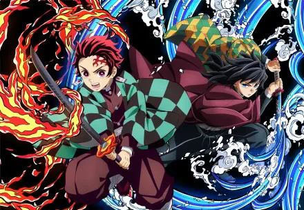 4K Ultra HD PC desktop wallpaper of Demon Slayer: Kimetsu no Yaiba — Tanjiro and Giyu clash, fiery and watery Breathing techniques from The Movie: Infinity Castle.