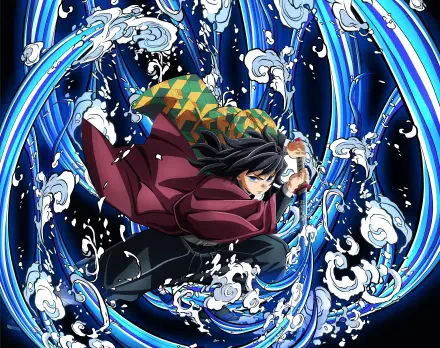 4K Ultra HD PC wallpaper of Giyuu Tomioka from Demon Slayer: Kimetsu no Yaiba — The Movie: Infinity Castle, anime scene of him executing a water-breathing attack amid swirling blue waves.