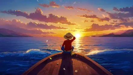 One Piece scene: Luffy at the bow of a small boat watching a golden sunset over calm seas — 4K Ultra HD PC desktop wallpaper and background.