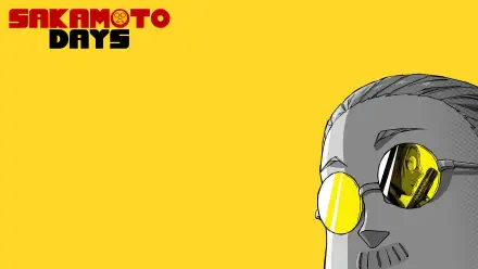Sakamoto Days 4K Ultra HD PC desktop wallpaper: bright yellow background, series logo top-left, close-up of Sakamoto's face with round reflective yellow sunglasses at right.