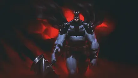 Absolute Batman 4K Ultra HD PC desktop wallpaper: armored Batman strides from red smoke, cape billowing against a dark, menacing background.