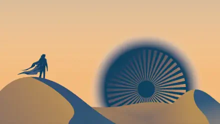 Dune (2021) 4K Ultra HD PC desktop wallpaper/background: silhouetted figure on wind-swept sand dunes facing a colossal radial sunburst structure beneath a pale peach sky.