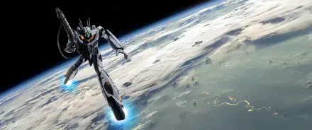 Battloid (Robotech/Macross) fighter soars above Earth with glowing thrusters and distant ships — HD PC desktop wallpaper/background.