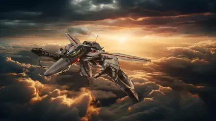 Robotech/Macross Gerwalk Guardian soaring above golden clouds at sunrise — detailed 4K Ultra HD PC desktop wallpaper background.