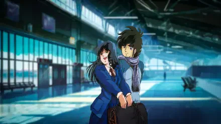 HD PC desktop wallpaper of Rick Hunter and Lynn Minmei (Lynn Minmay) from Robotech/Macross, smiling and embracing in a sunlit hangar-style terminal.