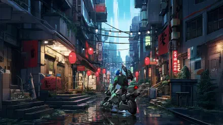 8K Ultra HD PC wallpaper — Robotech/Macross mecha rider on a hoverbike in a neon-lit rainy cyberpunk street, paper lanterns and glossy wet reflections.