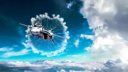 Robotech/Macross VF fighter bursting through a circular cloud vortex over sunlit skies and ocean — 4K Ultra HD PC desktop wallpaper and background.