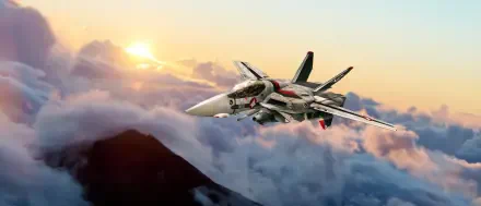 Robotech/Macross HD desktop wallpaper: a transforming Valkyrie-style fighter jet soaring above sunlit clouds at sunrise.