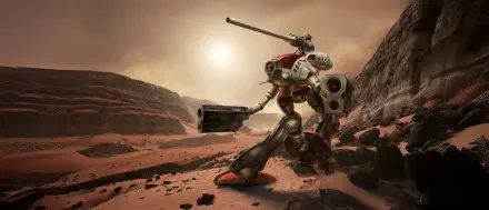 Robotech/Macross HD PC desktop wallpaper of a rugged combat mecha standing on a rocky desert plain beneath a low sun, cannon raised amid dust and scattered debris.