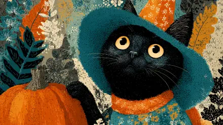 HD PC desktop wallpaper of a whimsical black cat in a teal hat and orange scarf, posed with a pumpkin amid textured autumn foliage and floral patterns.