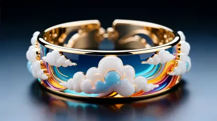 Gold cuff bracelet with cloud and rainbow enamel motifs, gleaming on a reflective surface, 4K Ultra HD PC desktop wallpaper and background.