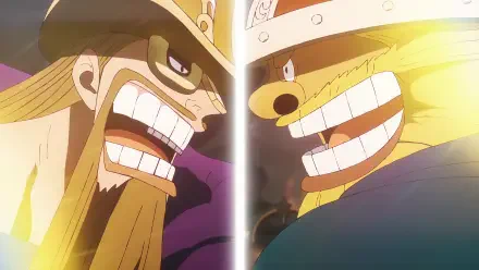 One Piece anime 4K Ultra HD PC desktop wallpaper: giants Brogy and Dorry face off, split-screen grins framed by a blinding center light.