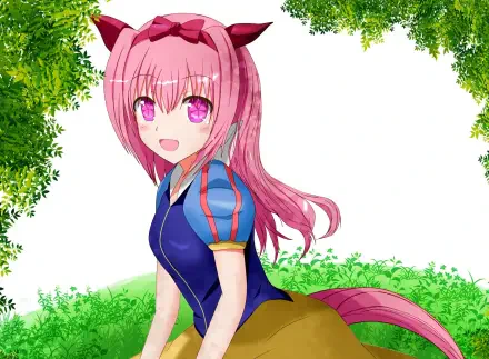 HD PC desktop wallpaper: Haru Urara from Uma Musume: Pretty Derby — pink-haired girl with horse ears and tail, smiling in a grassy clearing framed by leafy trees.