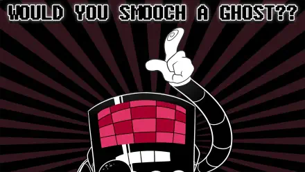 HD PC wallpaper of Undertale (video game) character Mettaton: pink checkered screen face and raised gloved arm against black-and-red radial rays, with bold text above reading Would you smooch a ghost?
