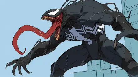 Comic-style illustration of Venom villain with extended tongue and sharp teeth, crouching against a city backdrop — HD PC desktop wallpaper and background.