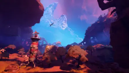 4K Ultra HD PC desktop wallpaper: video game goalkeeper–themed landscape with a weathered lighthouse, rugged orange foliage and rocky formations under a glowing, surreal sky.