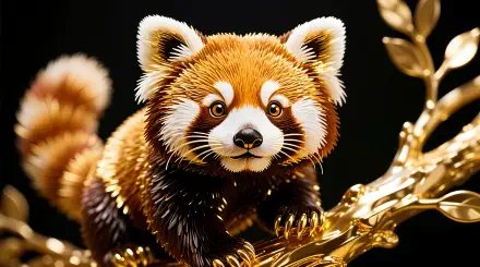 Stylized red panda perched on a gleaming golden branch, rich detail and vivid colors, 4K Ultra HD PC desktop wallpaper/background.