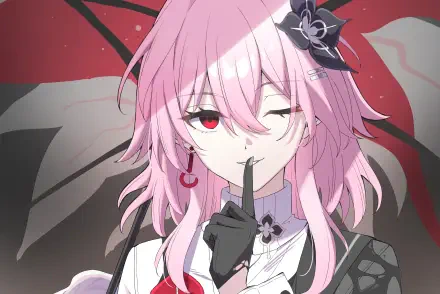 HD PC wallpaper: Evernight from Honkai: Star Rail, pink-haired and red-eyed, winks and raises a gloved finger to her lips in a shushing pose against a red-black backdrop.