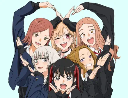 Anime wallpaper — My Dress-Up Darling, 2K Quad HD PC desktop background: six smiling characters in school uniforms making a heart shape with raised arms on a pale blue backdrop.